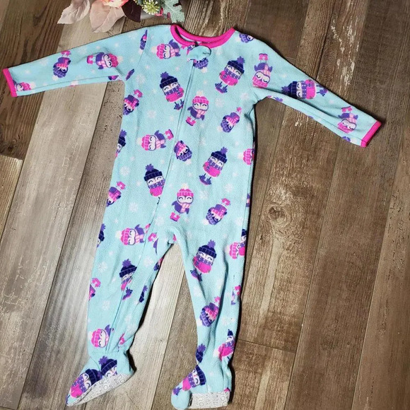 Carter's Size 2T Toddler Girl Blue and Pink Penguin Fleece Footed Pajamas - Picture 10 of 15